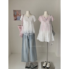 批发hollyii 韩系木耳边系带网纱吊带背心短袖两件套上衣2026<b class='q'>春</b>夏新款