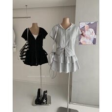 批发你好卡农 灰色拉链短袖上衣荷叶边半身裙套装女夏<b class='q'>气质</b>显瘦两件套