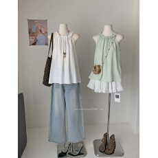 批发草莓跳 法式花边挂脖吊带衬衫女夏季度假风<b class='q'>宽松</b>显瘦百搭无袖上衣