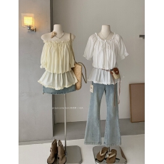 批发法式木耳边一字肩减龄衬衫女夏季辣妹露肩甜美短袖小衫