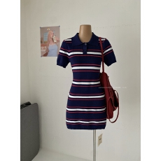 批发Tuuuh图画本 polo领短袖连衣裙女藏青色夏季条纹学院风针织短裙