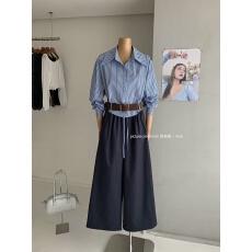 批发吴太甜 <b class='q'>韩</b>系气质polo领条纹衬衫女高智感时髦百搭拼接阔腿裤套装