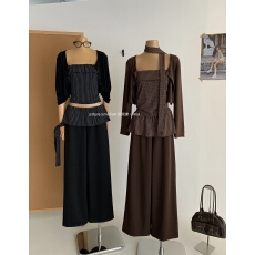 批发韩版波点三件套女设计感<b class='q'>显瘦</b>抹胸背心+短款外套+拼接腰阔腿<b class='q'>裤</b><b class='q'>套装</b>
