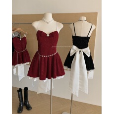 批发新年战袍红色<b class='q'>连衣裙</b>春冬高端轻奢小众生日礼服丝绒蓬蓬收腰a字裙