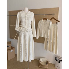 批发迟<b class='q'>伞</b><b class='q'>伞</b>25fw 绒感围炉 乳白翻领麻花针织开衫上衣长<b class='q'>裙</b><b class='q'>气质</b>套装