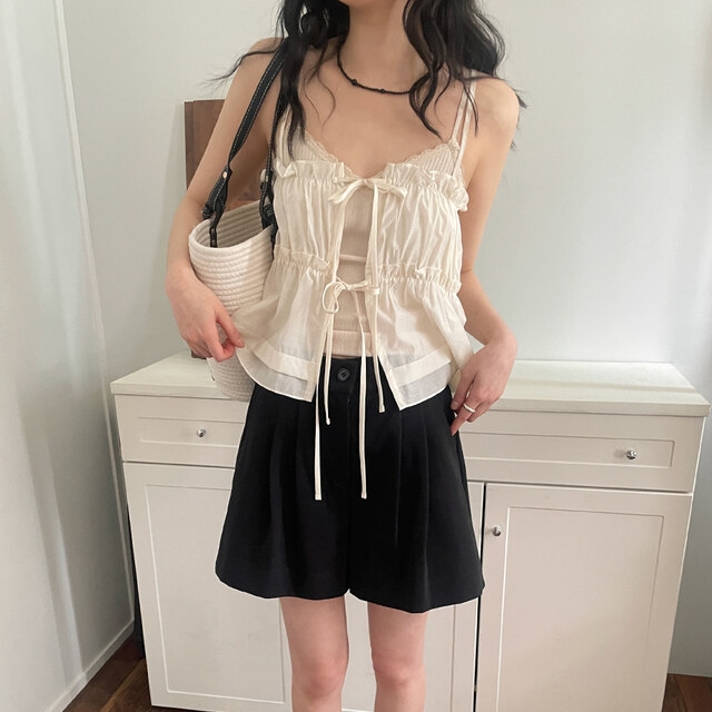 재고 상품 chic 한 부서 봄 여름 달콤함 작은 레이스 섹시함 나비 매듭 스트랩 전후 스택 착용 캐미솔 의류 여성