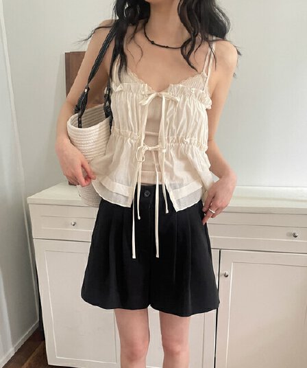 재고 상품 chic 한 부서 봄 여름 달콤함 작은 레이스 섹시함 나비 매듭 스트랩 전후 스택 착용 캐미솔 의류 여성