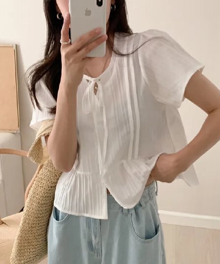 chic 한 부서 여름 부드러운 달콤함 나비 매듭 주름 장식 디자인 센스 Feifei 소매 패션 다용도 셔츠 맨위