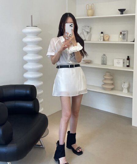 chic 한국 스타일 여름 패션 레트로 폴로 칼라 주간 실크 쉬폰 셔츠 하이웨이스트 작은 대중 랩스커트팬츠 바지 세트