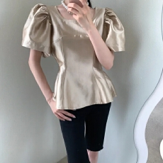 chic 韩国夏季法式洋气轻奢泡泡袖气质修身宫廷百搭衬衫上衣