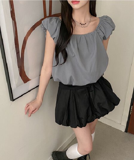 chic 한국 스타일 여름 작은 대중 품격 달콤한 미국 칼라 레이스업 거품 소매 인형 셔츠 꽃밭 셔츠 맨위