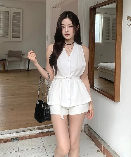 ins 한국 여름 프랑스식 품격 우아함 V넥 고급 센스 행침 목 허리 수축 조끼 베스트 셔츠 맨위