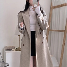 批发chic 秋冬轻奢时尚大气西装领双排扣中长款过膝西装毛呢外套大衣