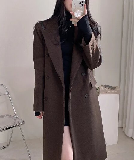 chic 가을 겨울 빛 럭셔리 패션 대기 정장 칼라 이중 버튼 중간 길이 무릎 아래 정장 모직 외투