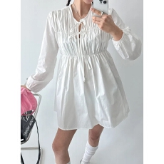 批发chic 韩系新款早春法式时尚系带v领皱褶温柔娃娃裙短裙连衣裙