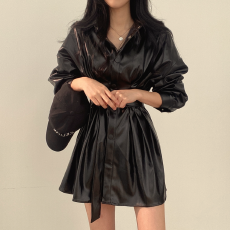 批发chic 韩国春季复古<b class='q'>时尚</b>气质<b class='q'>个性</b>绑带收腰机车pu皮衣衬衫外套