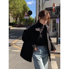 批发chic <b class='q'>韩国</b>冬季新款复古英伦高领单排扣气质百搭毛呢子外套大衣