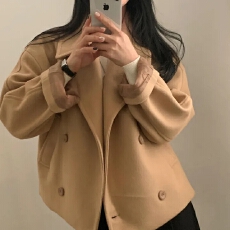 批发chic 韩版冬季复古英伦高级感翻领双排扣短款百搭毛呢风衣外套