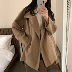 批发chic 韩版冬季<b class='q'>时尚</b>复古高领英伦系带收腰休闲毛呢<b class='q'>风衣</b>外套大衣