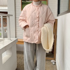 chic 韩版冬季甜美温柔木耳边菱格单排扣简约棉服棉衣外套女