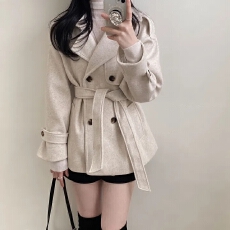 批发chic 韩版冬季法式小众气质英伦复古<b class='q'>双排扣</b>系带毛呢<b class='q'>风衣</b>外套大衣