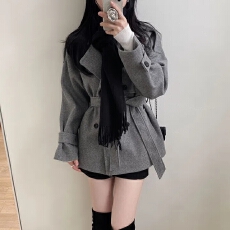 chic 韩版冬季法式小众气质英伦复古双排扣系带毛呢风衣外套大衣