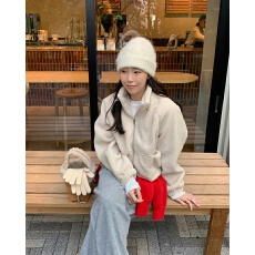 chic 韩系冬季温柔甜美简约立领拉链抽绳收腰短款羊羔毛卫衣外套