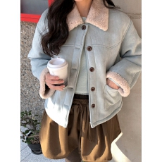 批发chic 韩系冬季温柔时尚麂皮绒翻领羊羔毛短款皮毛一体夹克外套