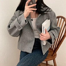 批发chic 韩系冬季复古温柔减龄翻领单排扣慵懒百搭毛呢短款夹克外套