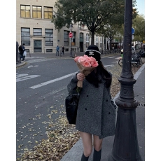 批发chic 韩系冬季温柔法式时尚后腰带设计感双排扣宽松毛呢外套大衣