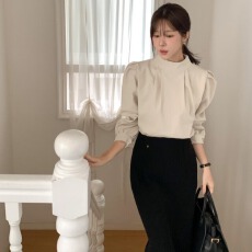 chic 韩系温柔法式优雅气质立领小众皱褶设计感百搭长袖衬衫上衣