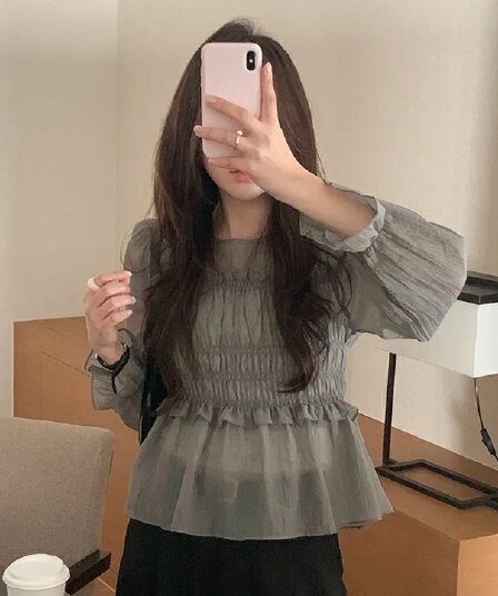 한 부서 봄 프랑스식 부드러운 달콤함 프릴 주름 장식 허리 수축 슬림해 보이는 연꽃 잎 소매 얇은 스타일 쉬폰 블라우스 맨위