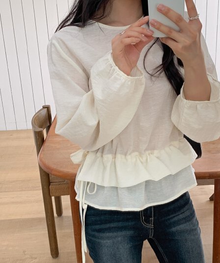 한 부서 이른 봄 미니멀리즘 Chic 작은 대중 연꽃 잎 이중층 디자인 센스 펌프 로프 허리 수축 스택 착용 다용도 셔츠 맨위