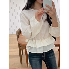 批发韩系早春简约别致小众荷叶双层设计感抽绳收腰叠穿百搭衬衫上衣