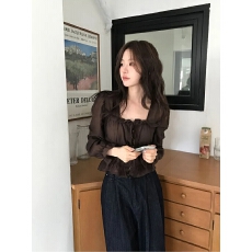 批发chic 韩系法式甜美减龄温柔木耳边皱褶收腰<b class='q'>雪纺</b>衬衫上衣