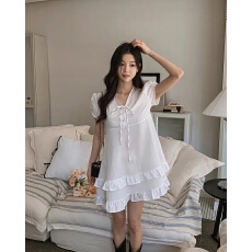 批发chic 韩系夏季温柔甜美双层荷叶边系带半开领小个子<b class='q'>连衣裙</b>