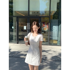 批发chic <b class='q'>韩国</b>夏季新款复古气质甜美<b class='q'>蕾丝</b>花边短袖单排扣A字连衣裙