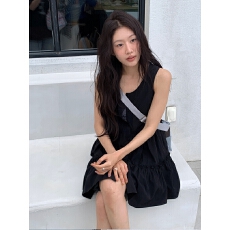 批发chic <b class='q'>韩版</b>夏季时尚甜美木耳边简约叠穿圆领单排扣无袖<b class='q'>连衣裙</b>