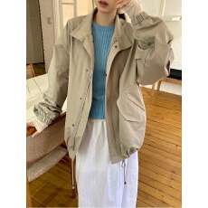 批发chic <b class='q'>韩国</b>秋季复古翻领休闲工装拉链暗扣抽绳收腰<b class='q'>风衣</b>夹克外套