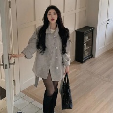 批发chic 韩系冬季温柔<b class='q'>甜美</b>减龄气质翻领单排扣宽松系带百搭毛呢外套