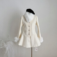 批发甜水仙 纱绘子小姐 定制钻扣冬季毛领毛袖呢外套呢子裙摆大衣