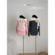 批发一字肩<b class='q'>蝴蝶结</b>厚款<b class='q'>连衣裙</b>氛围感针织长袖毛衣