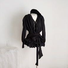 批发法式少女风灯笼袖<b class='q'>蕾丝</b>纱飘带蝴蝶结连衣裙秋季收腰衬衫短蛋糕裙