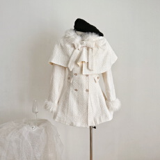 批发甜崽小鹿 原创设计白色小香千金风蝴蝶结收腰斗篷大衣夹棉两件套