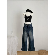 批发SUNONEONE 微喇深蓝低腰牛仔裤女秋季美式复古新款宽松直筒休闲裤