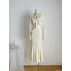 批发SISI JIANG“雪绒恋人”法式复古蕾丝<b class='q'>宫廷</b>喇叭袖鱼尾包臀<b class='q'>连衣裙</b>