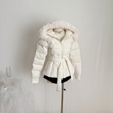 批发JMSHOP 雪落半岛 米色绑带90白鸭绒狐狸毛领韩女感收腰羽绒服