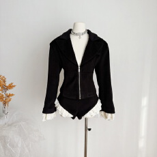 批发Rase le sol‘Fairy Tale Town’黑色收腰毛呢<b class='q'>西装外套</b>短裤套装