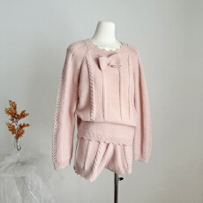 批发迟伞伞25/fw 甜杏杏子 定染纱线杏粉蝴蝶结针织上衣短裤温柔套装