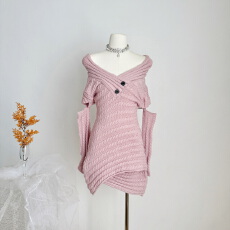 批发小岚同学粉墨温香法式温柔千金风修身<b class='q'>一字肩</b>针织<b class='q'>连衣裙</b>包臀裙